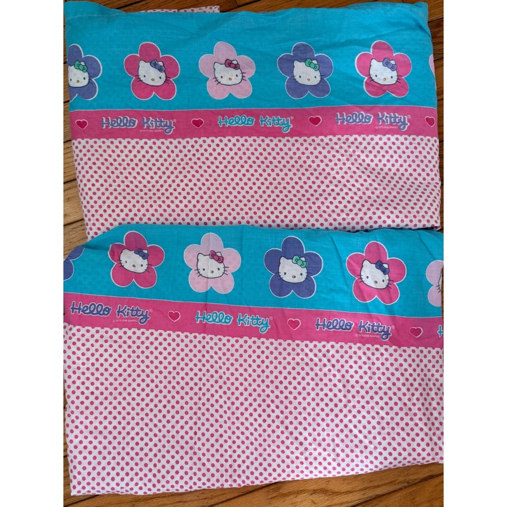 Vintage Sanrio Hello Kitty Pink Polka Dot Teal Flower Flat‎ Sheets Pillowcase - Picture 2 of 4